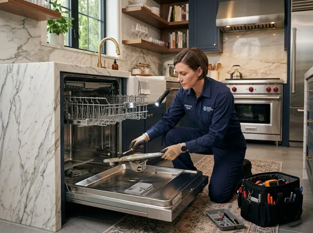 Appliance Repair Hero technician servicing a built-in dishwasher in a Bolton, MA kitchen