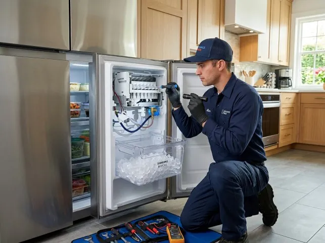 Appliance Repair Hero technician repairing a refrigerator ice maker in Bolton, MA