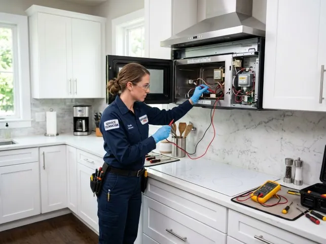 Appliance Repair Hero technician testing an over-the-range microwave in a Bolton, MA kitchen