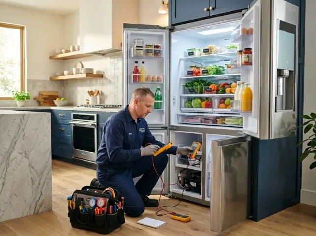 Appliance Repair Hero refrigerator technician testing a fridge on a Bolton, MA service call